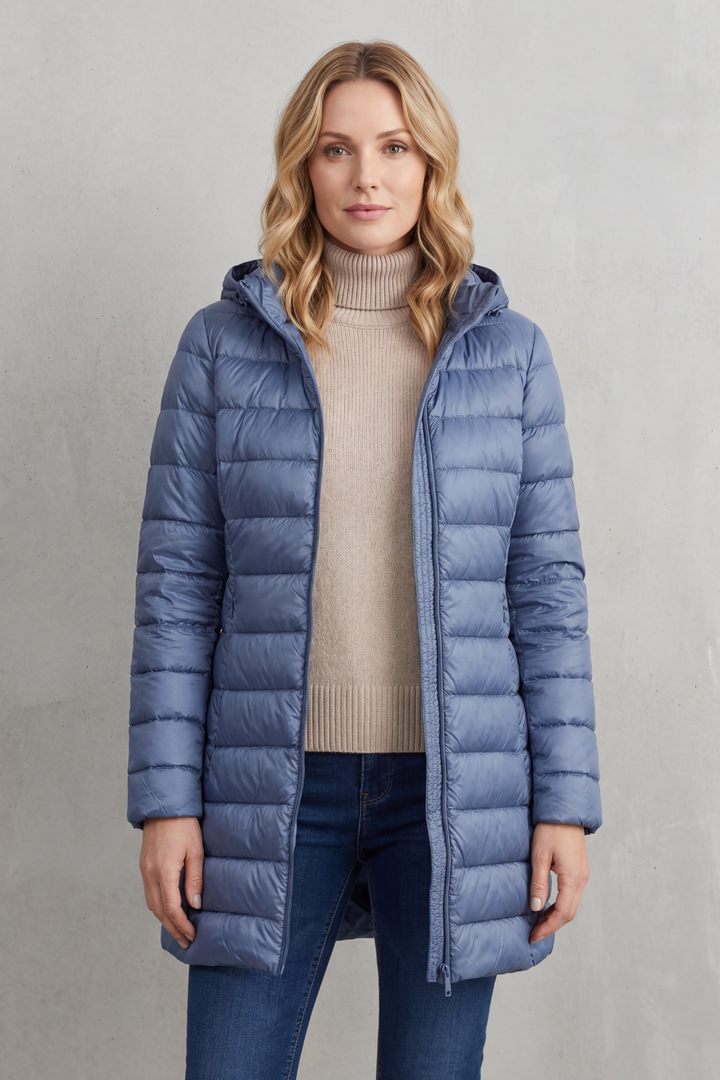 Stylish ladies' hooded puffer jacket, ideal lightweight winter coat for everyday outdoor wear.