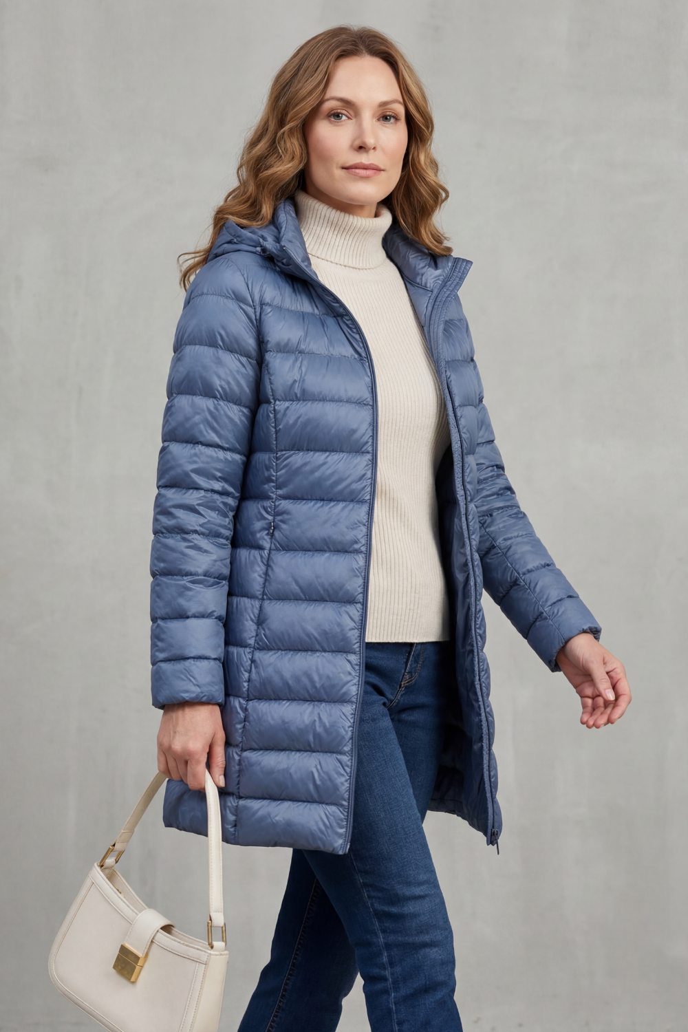 Cozy women's puffer jacket with hood, offering warm comfort for chilly fall and winter days.