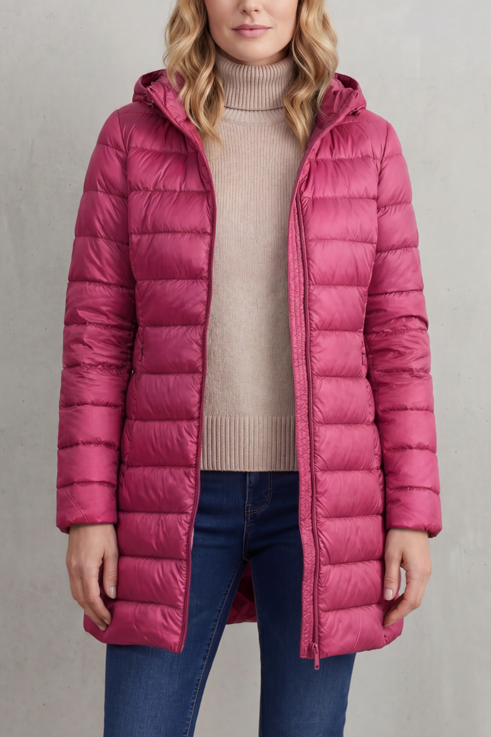 Warm women's hooded puffer jacket, perfect for outdoor activities & everyday winter style.
