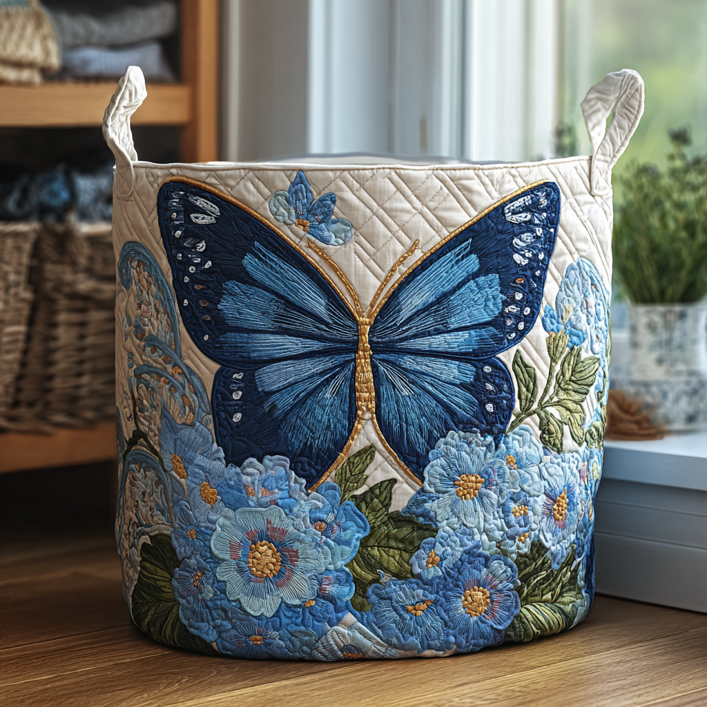 Quilted laundry basket with Serene Flutter design, ideal for home organization & stylish storage of dirty clothes.