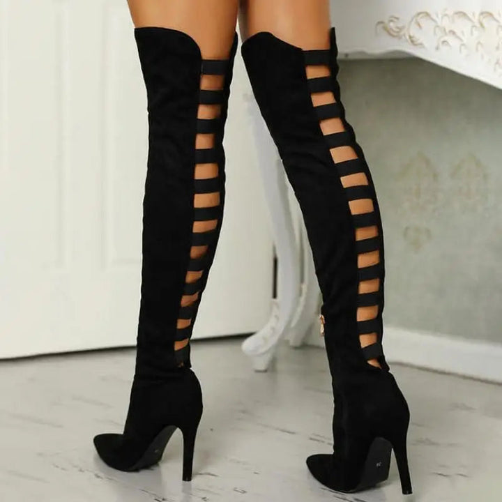 Elegant women's thigh-high open-toe boots. Stylish fashion heels perfect for a statement night out. Versatile footwear.