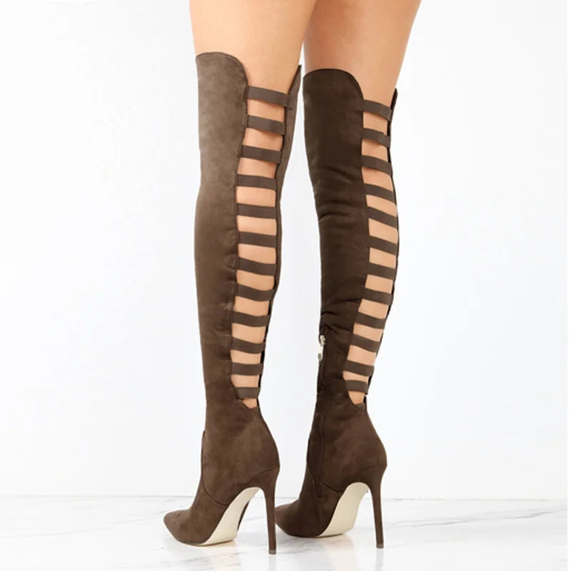Black elegant thigh-high open-toe boots. Stylish women's fashion heels, great for a night out or statement look.