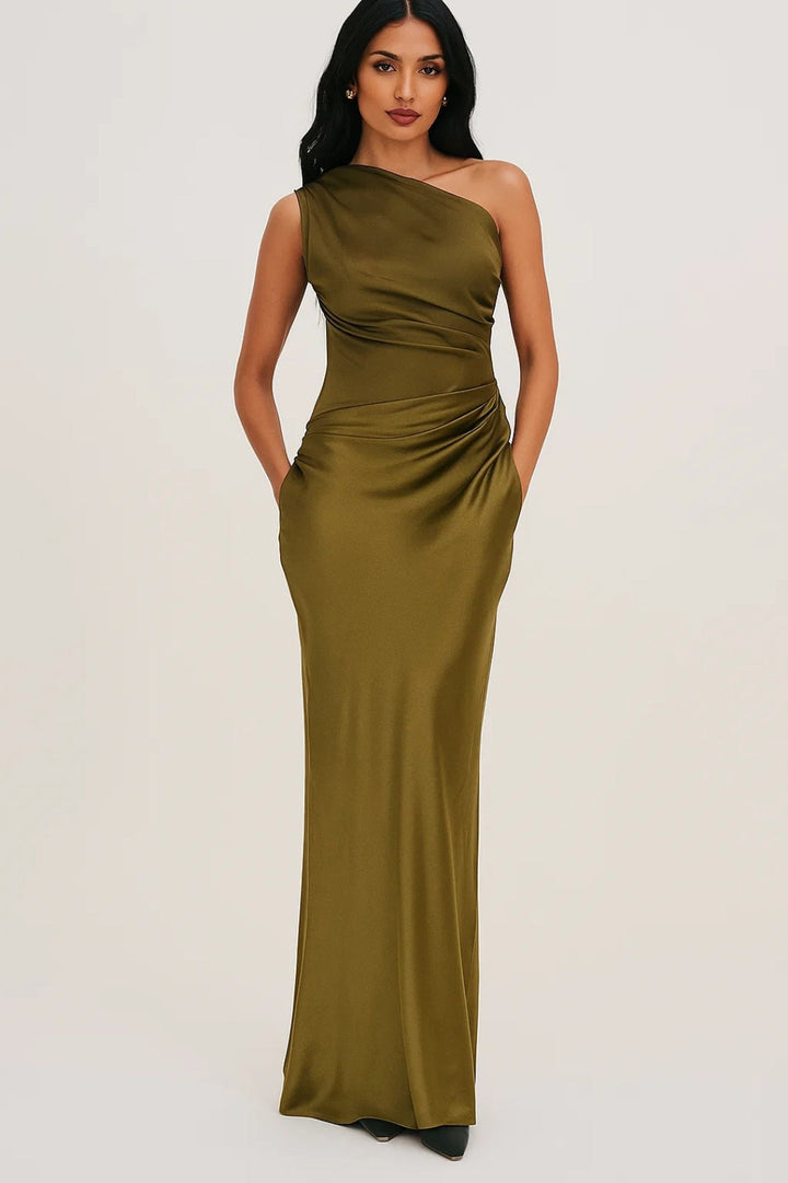 Stylish women's one-shoulder maxi dress with a sophisticated pleated waist. Great as an elegant occasion dress.
