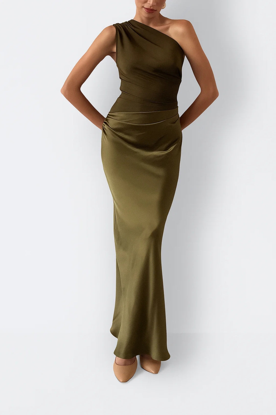 Beautiful elegant one-shoulder maxi dress with a flattering pleated waist, perfect for formal events & evening wear.