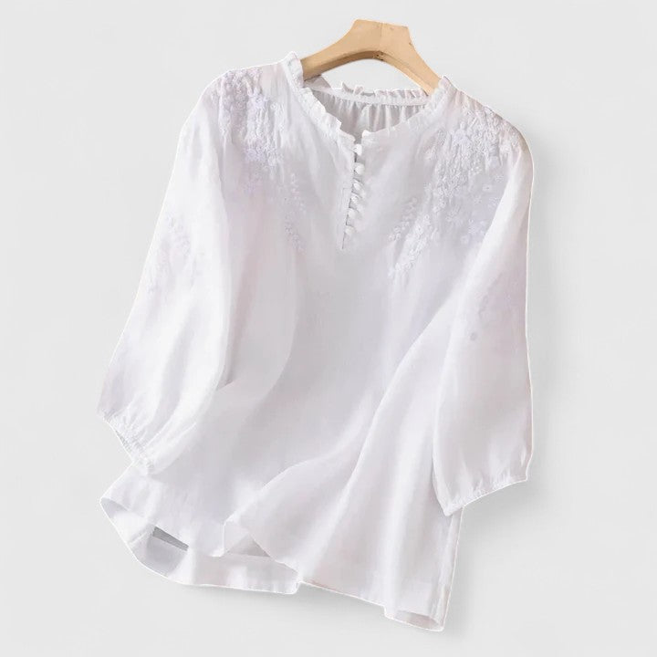 Chic women's button-front blouse with elegant embroidery. A versatile ladies top for spring and summer fashion.