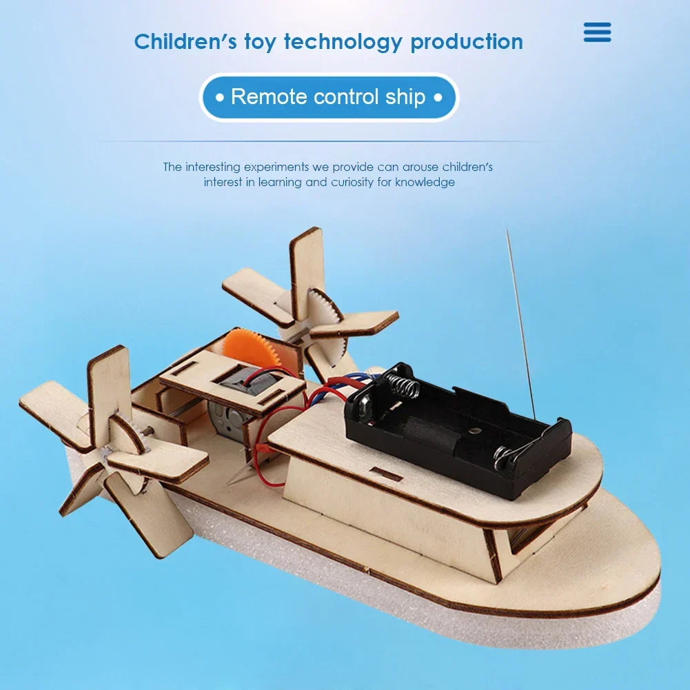 Educational wooden electric toy boat kit components: wood planks, motor, propeller, wires.