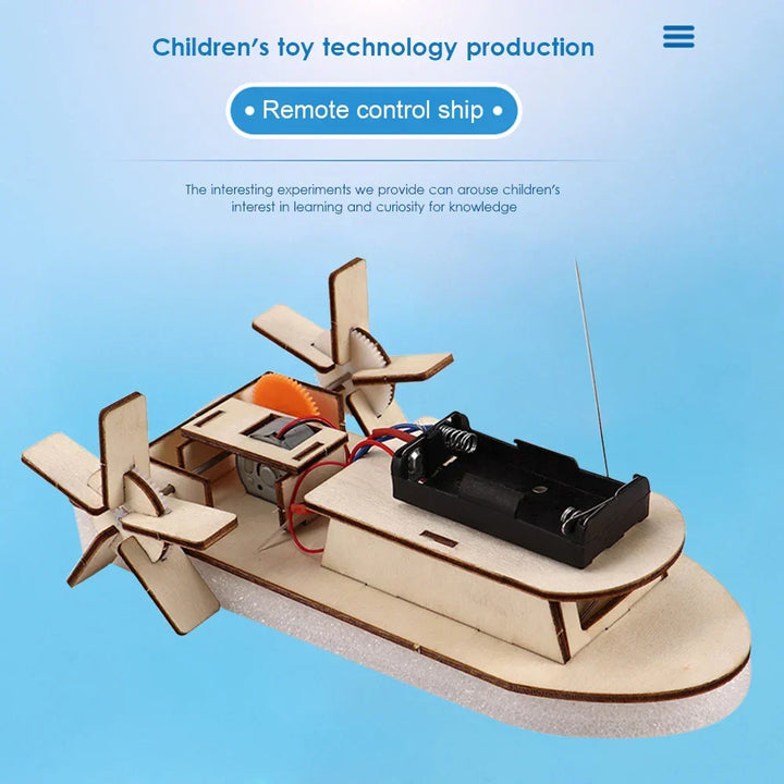 Educational wooden electric toy boat kit components: wood planks, motor, propeller, wires.