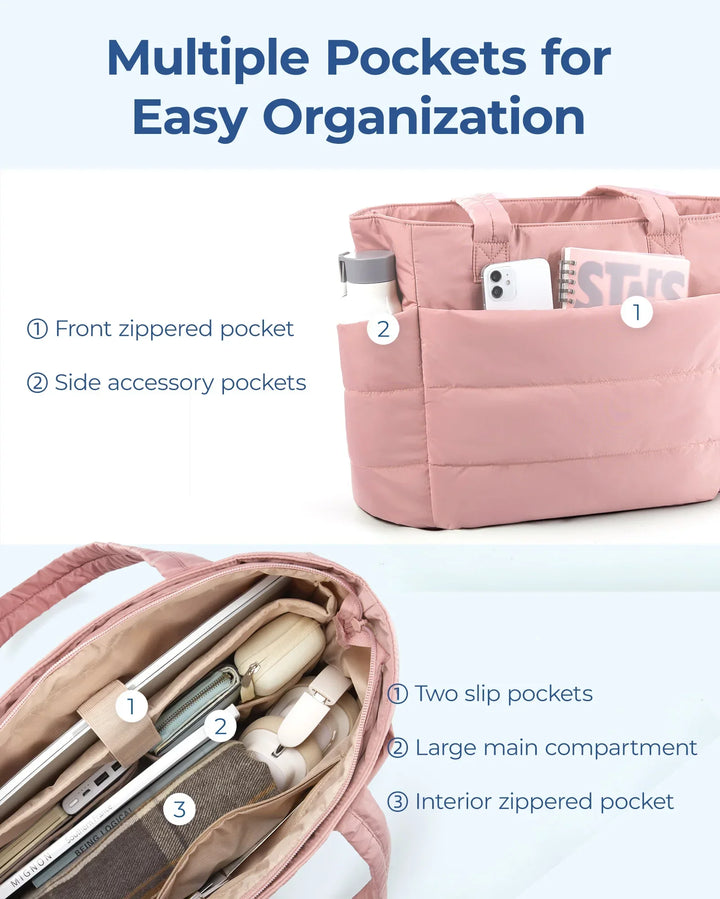 Elegant women's puffy tote bag, spacious & lightweight, a chic travel and everyday companion.