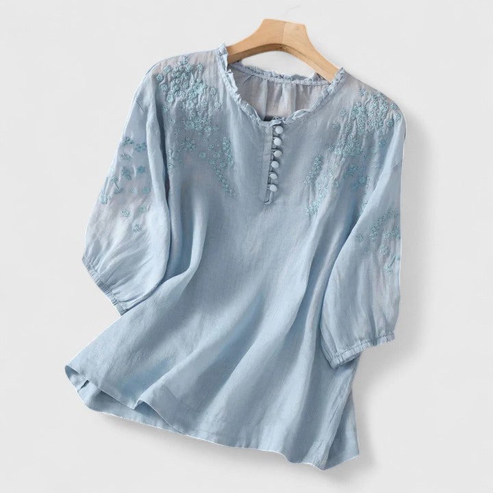 Women's stylish button-front blouse featuring intricate embroidery. An elegant & versatile top for any occasion.