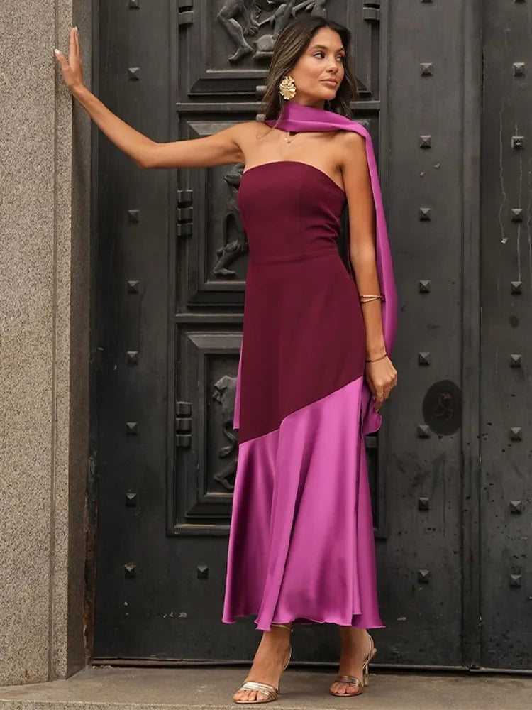 Sophisticated two-tone strapless party dress for women, paired with a stylish matching shawl for a complete look.