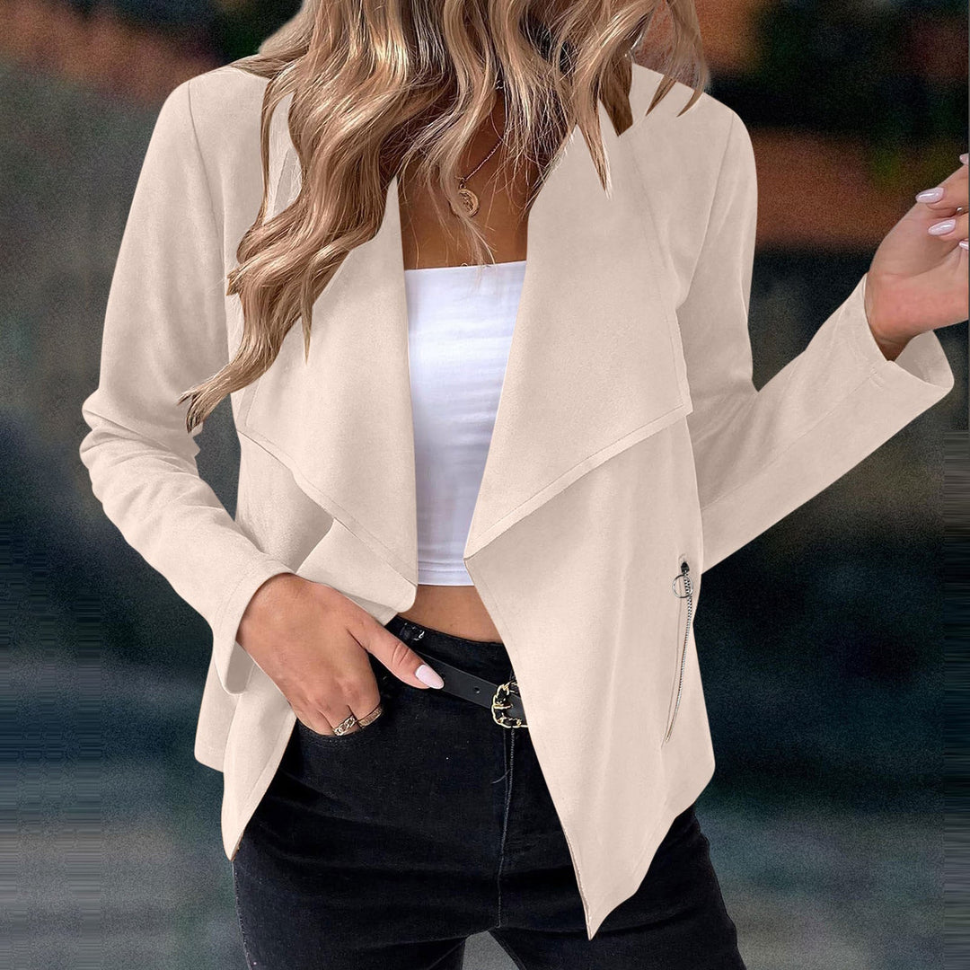 Chic women's waterfall jacket, lightweight for spring/fall. Elegant open front and stylish zipper accents.