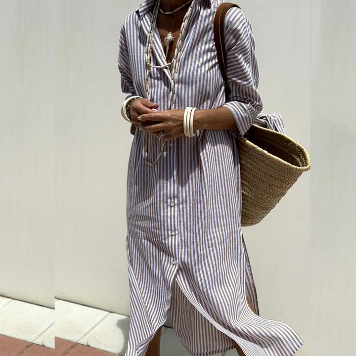 Women's pink striped button-down midi dress. Chic & casual shirt dress, perfect for summer fashion.