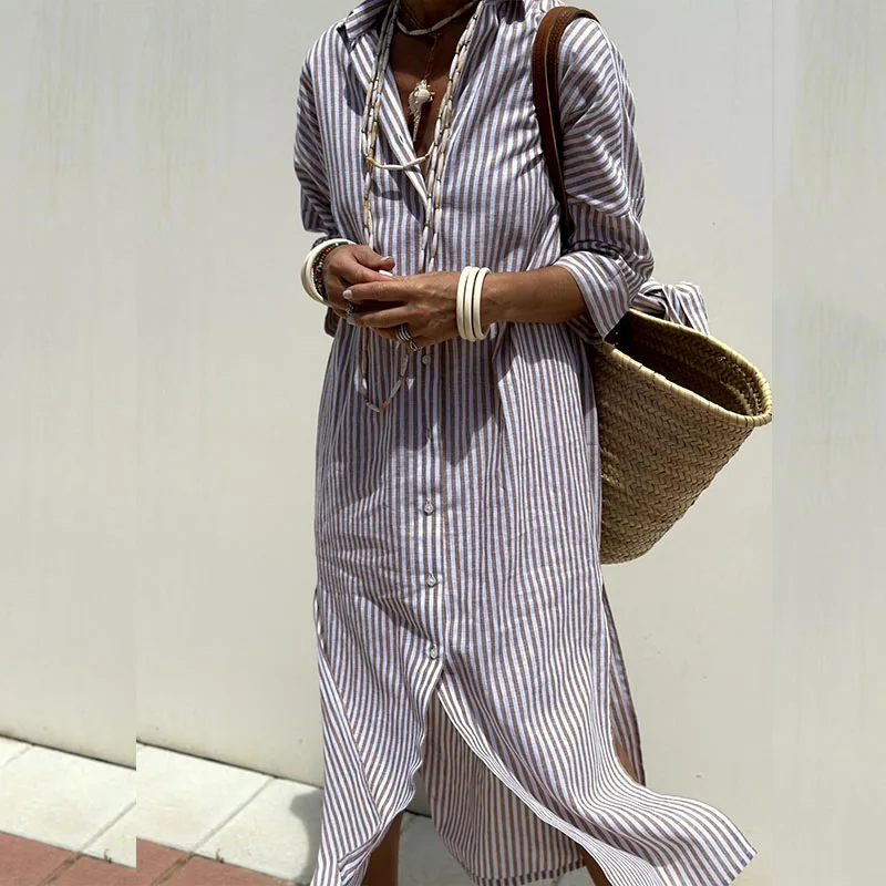 Comfortable women's striped shirt dress. Chic long sleeve design, ideal for versatile elegant and casual fashion.