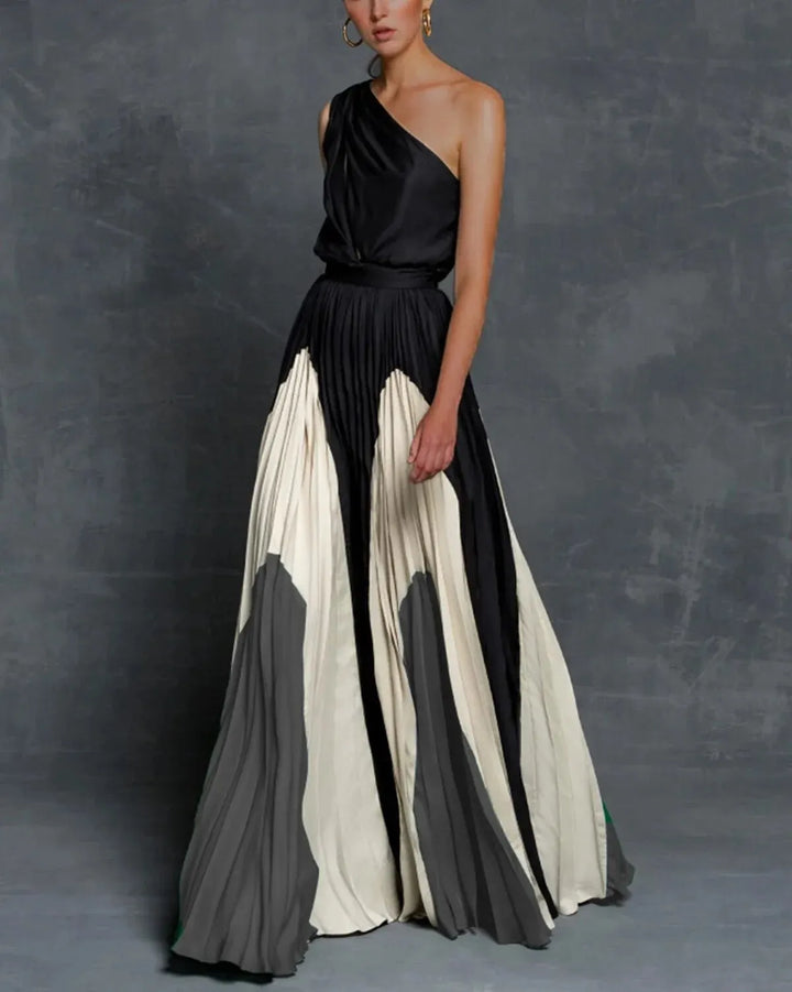 Sleeveless elegant one-shoulder pleated maxi dress for women, ideal formal evening wear for guests.