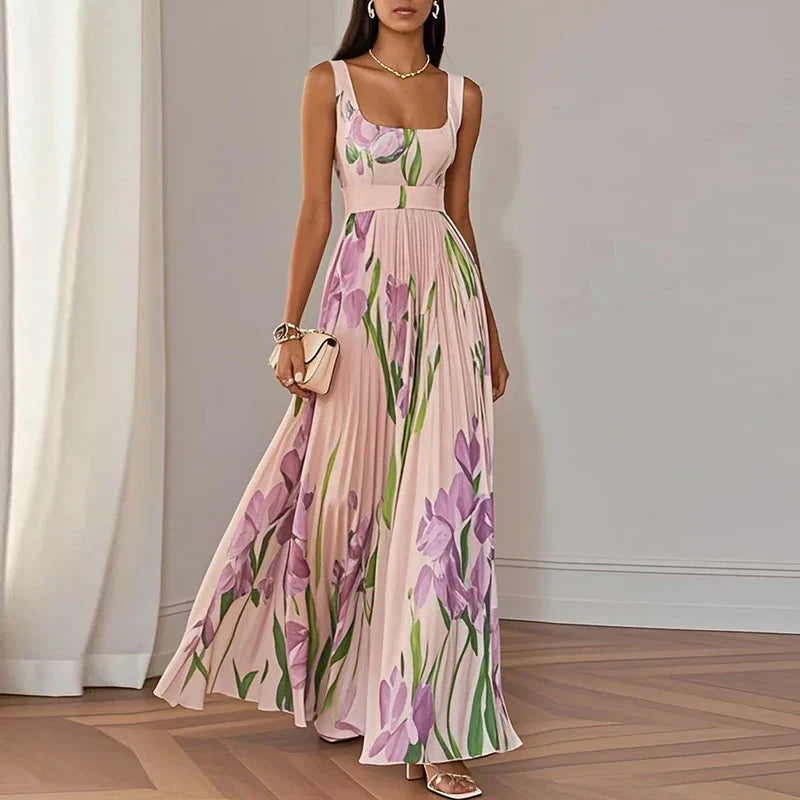 Long A-line maxi floral dress for women, a beautiful V-neck formal gown suitable for wedding guests.