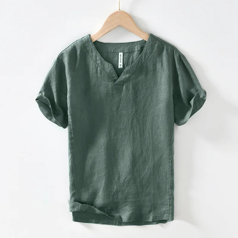 Casual men's short sleeve V-neck Henley top in a relaxed fit. Perfect for everyday summer comfort & style.