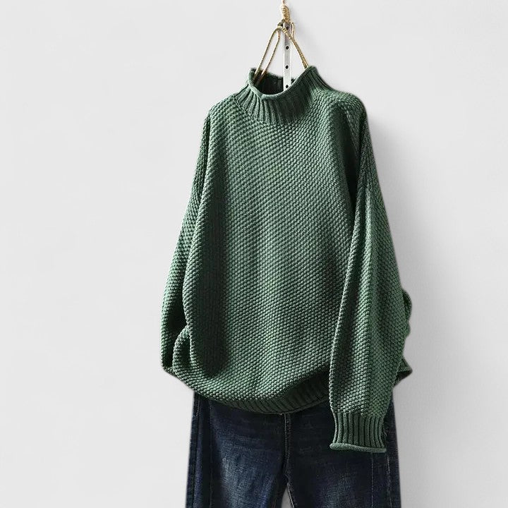 Soft cream women's textured knit mock neck sweater, perfect for cozy fall fashion & everyday wear.