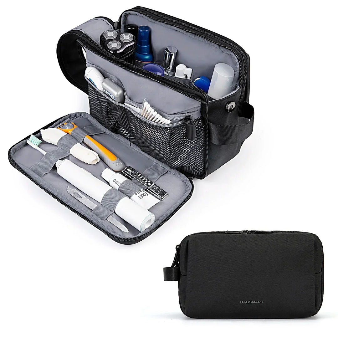 Close-up of the durable, water-resistant fabric of a black travel toiletry organizer with smooth zips.