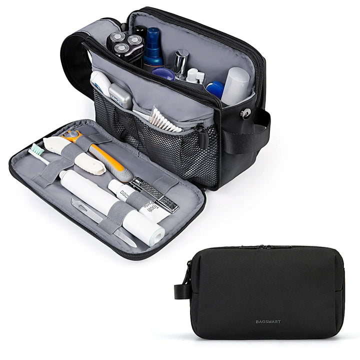 Close-up of the durable, water-resistant fabric of a black travel toiletry organizer with smooth zips.
