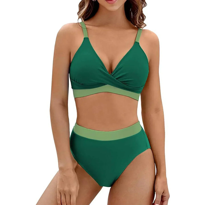Comfortable women's shaping bikini, V-neck top & high-waist bottom. Abdomen control swimwear.