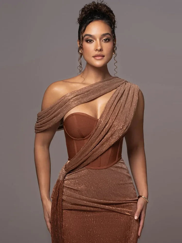 Draped one-shoulder bodycon maxi dress for women, a luxurious formal gown suitable for elegant evening wear events.
