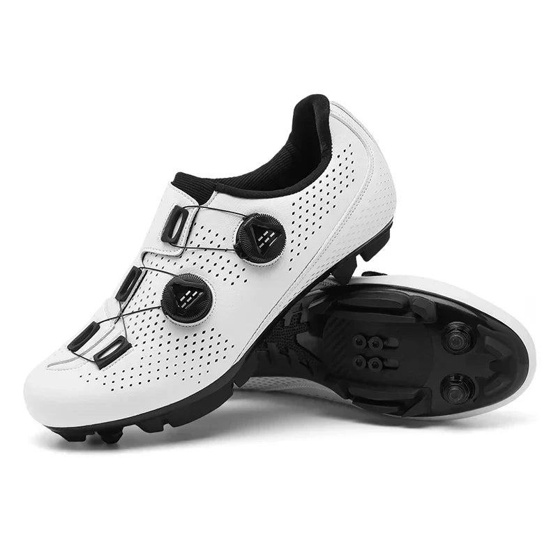 Sleek black unisex cycling shoes with reflective details, premium material for enhanced MTB & road performance.