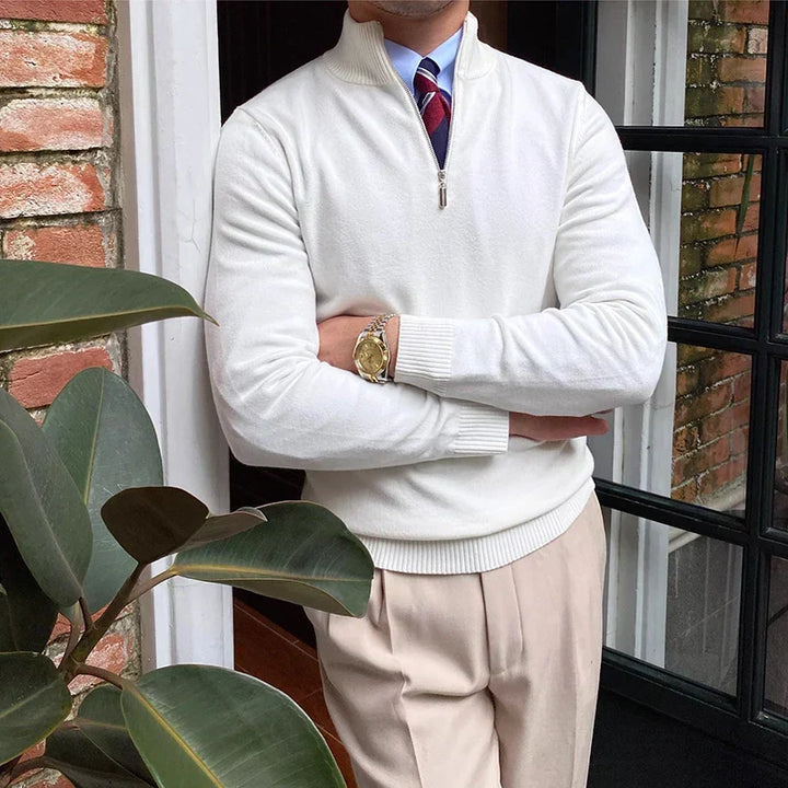 Versatile men's tailored fit quarter zip mock neck sweater, a key piece for smart casual outfits & layering.