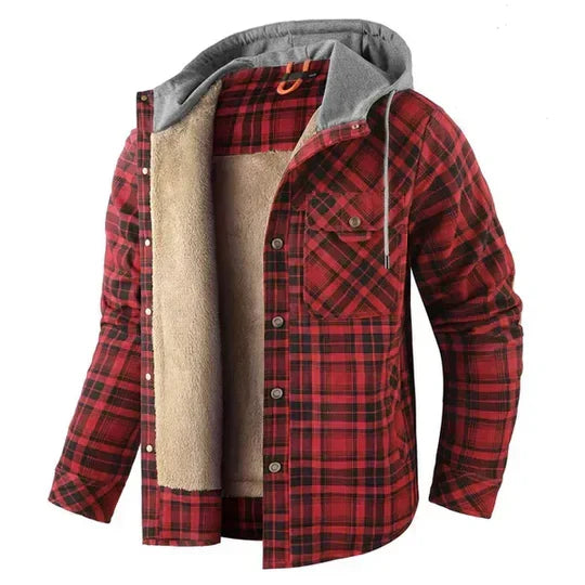 Men's casual plaid hooded shirt jacket, a stylish shacket outerwear piece for layering in fall & winter.