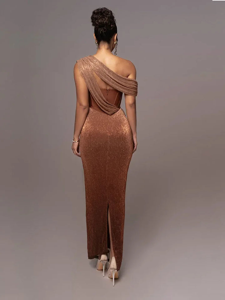 Luxurious statement maxi dress with one shoulder, ideal for a formal evening, wedding guest, or a chic girls' night out.