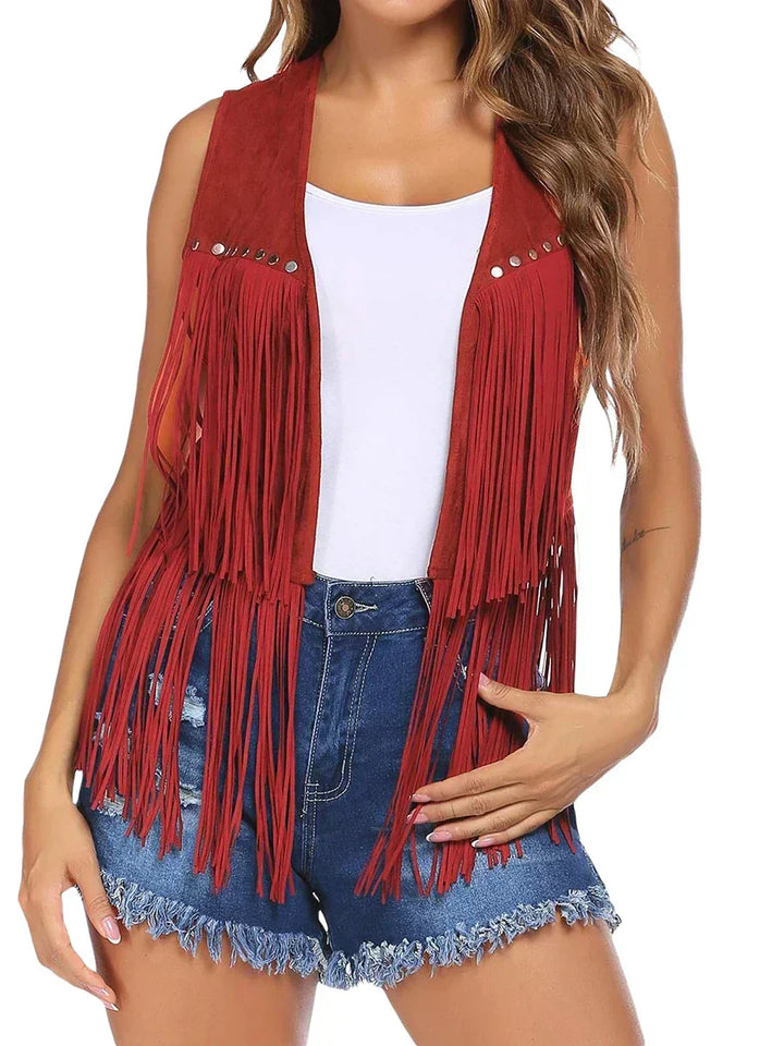 Sleeveless women's vest, open front, with elegant fringe for a chic fashion statement.