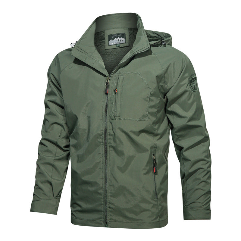 Men's lightweight hooded jacket, perfect for spring/fall outdoor adventures & casual layering. Full zip design.