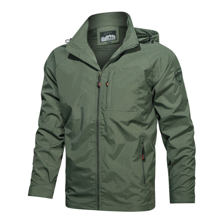 Men's lightweight hooded jacket, perfect for spring/fall outdoor adventures & casual layering. Full zip design.