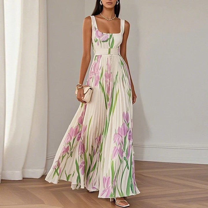 Chic women's V-neck A-line floral maxi dress, a versatile elegant option for spring/summer wedding guests.
