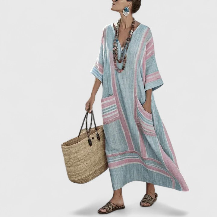 Relaxed fit bohemian maxi dress for women, comfy V-neck long summer dress for elegant casual wear.