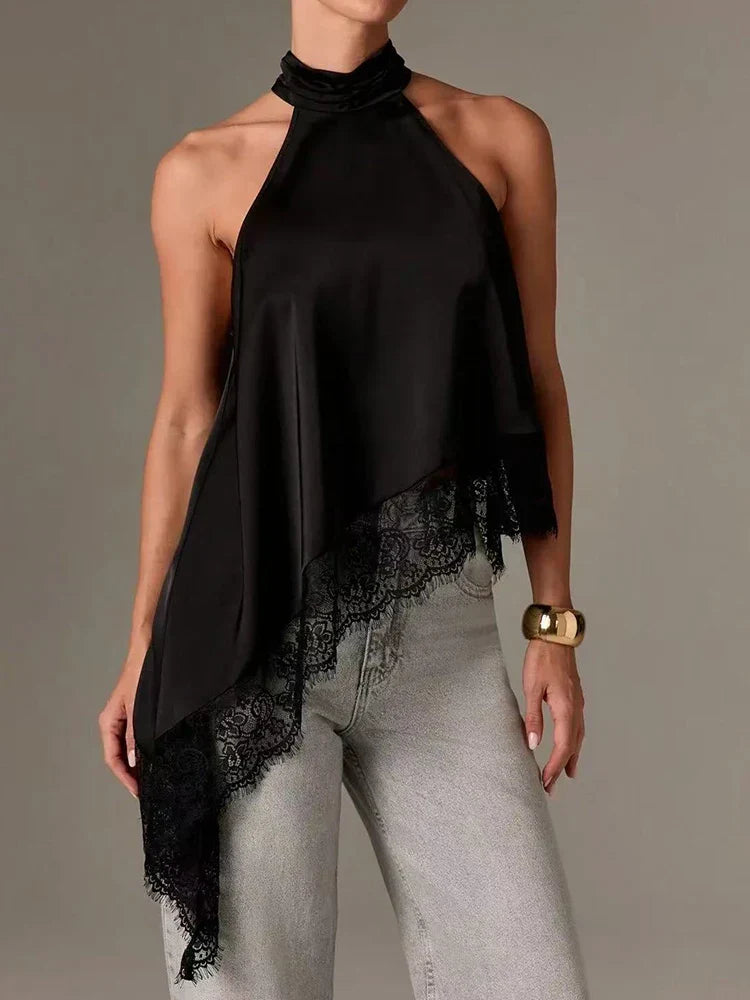Women's elegant halter top with asymmetric lace trim, perfect for chic summer and evening wear.