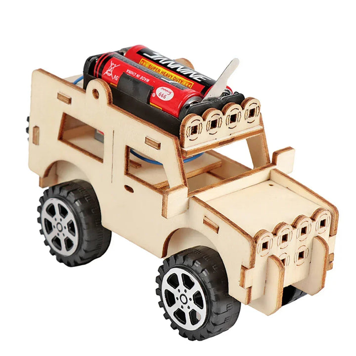 Parent and child enjoying building a wooden electric toy boat together; educational fun.