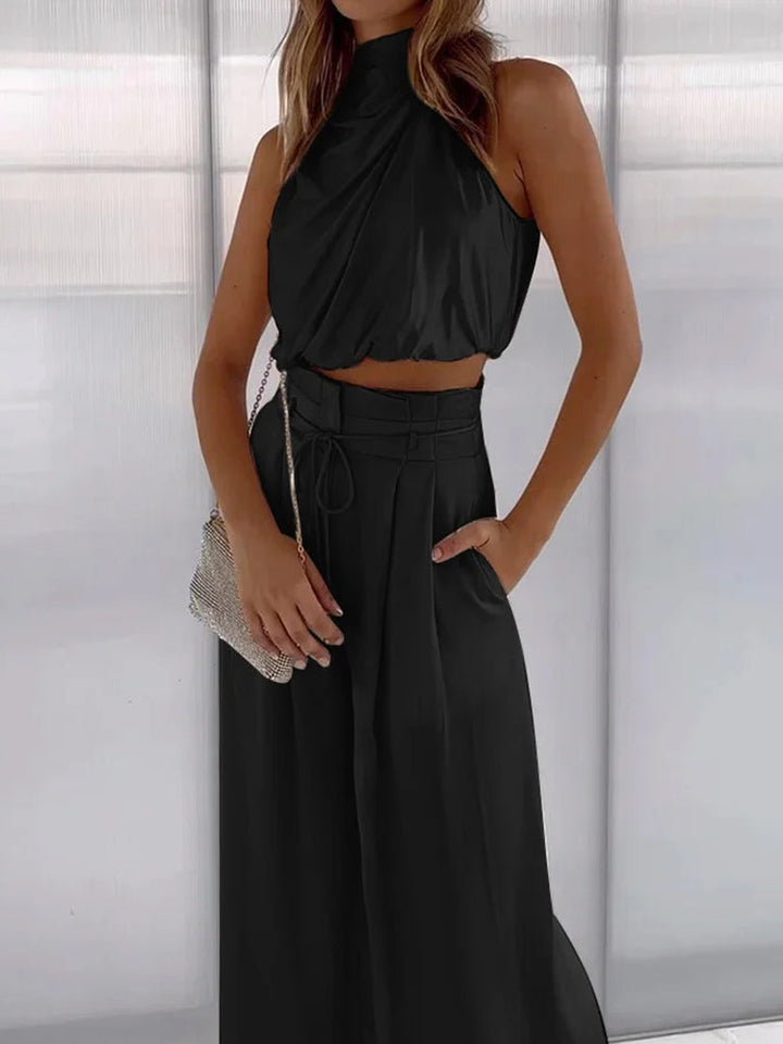 Sophisticated women's red two-piece matching outfit for an elegant look. Chic for casual or party wear.