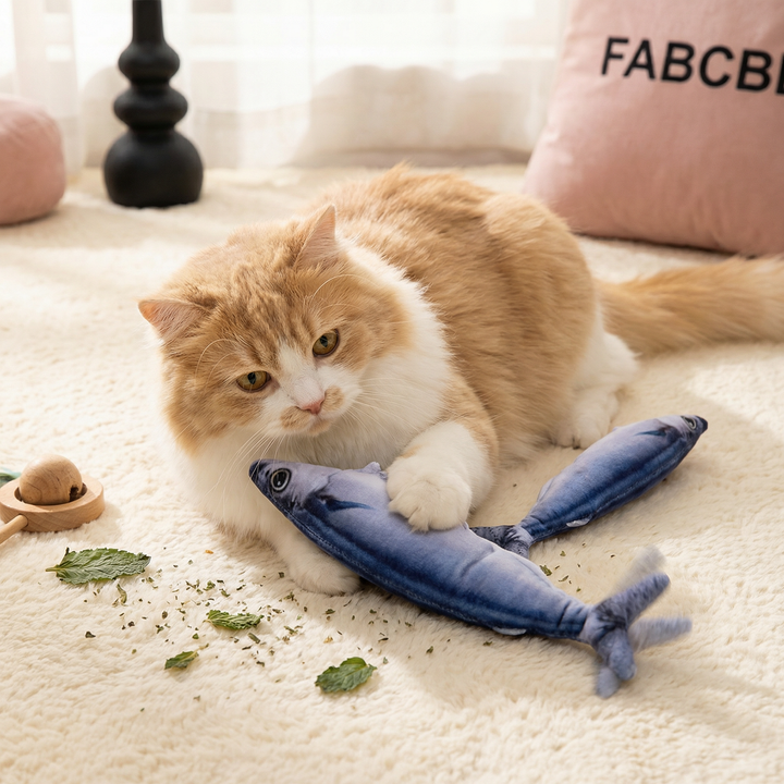 Interactive wiggly fish cat toy for active play, keeping indoor cats entertained & exercising.