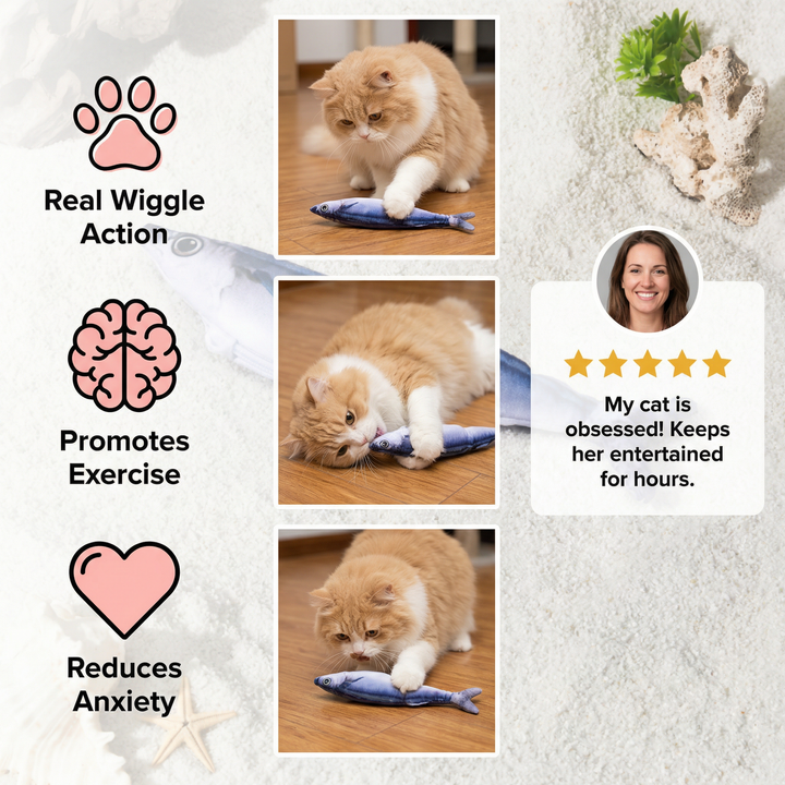 Engaging motion-activated fish cat toy designed for indoor cats' active play & mental enrichment.