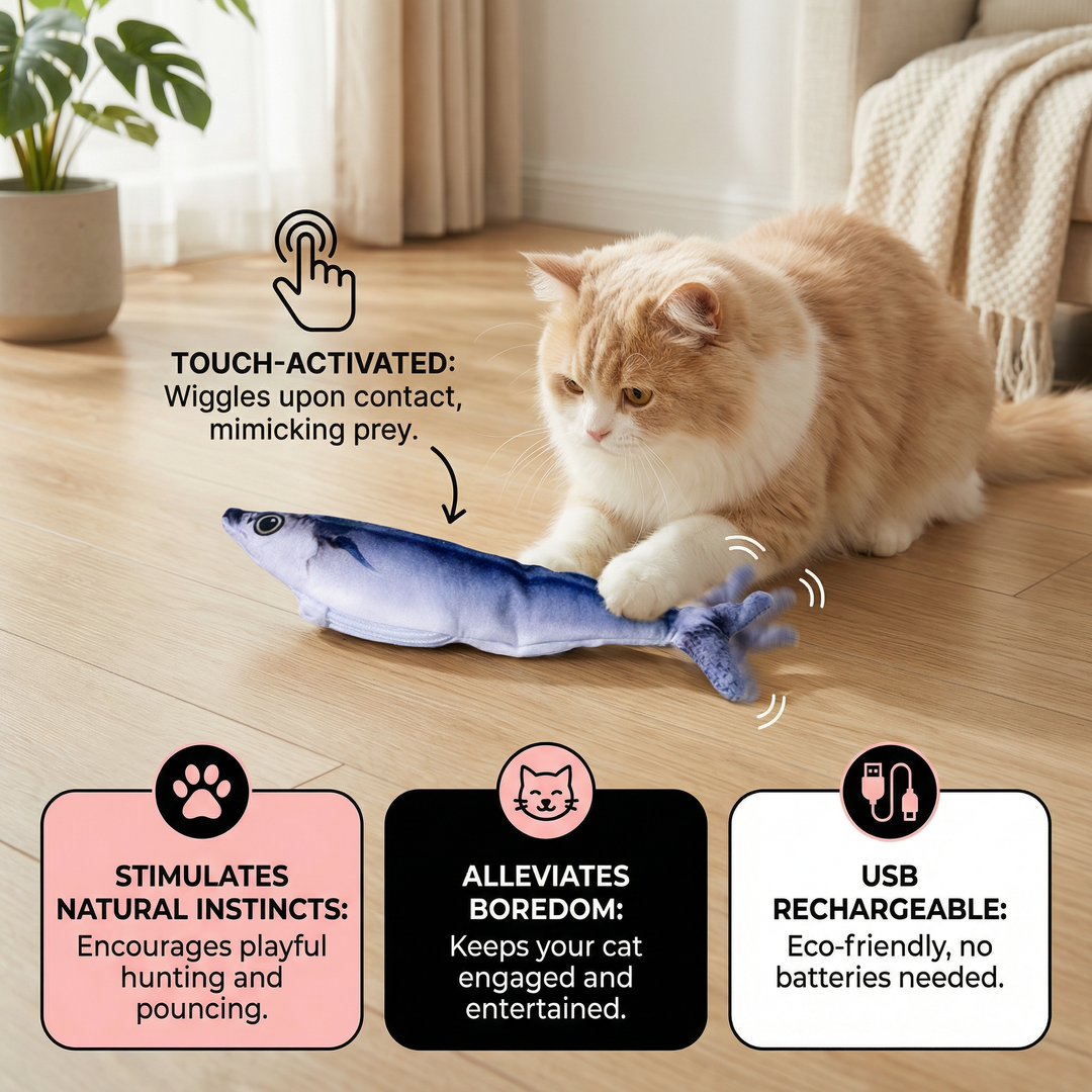 Cat's wiggly fish toy providing stimulating exercise & interactive fun for active felines.