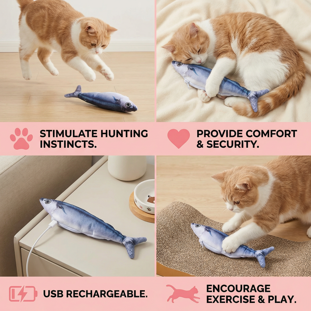 Plush wiggly fish cat toy, perfect for solo interactive play, encouraging natural hunting instincts.