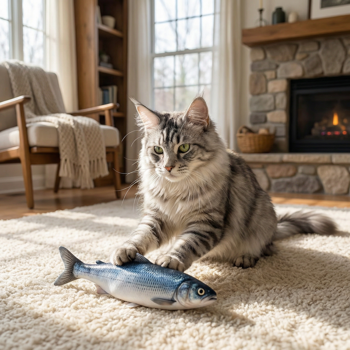 Realistic fish cat toy with motion sensor technology, promoting healthy pet play & enrichment.