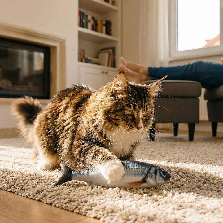 Close-up of the interactive fish cat toy in action, demonstrating its wiggly motion for pet fun.