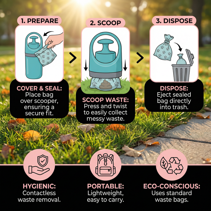 Unisex portable dog poop scooper in use, demonstrating easy, clean pet waste collection with included bags.