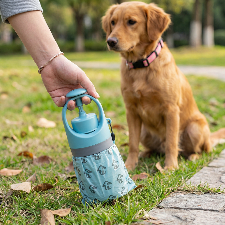 Portable dog poop scooper with integrated waste bags, ideal for hands-free pet waste cleanup on walks.