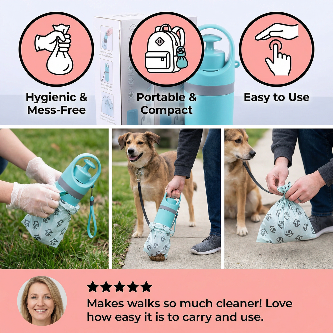 Compact dog poop scooper with built-in waste bag dispenser, a key portable dog supply for pet hygiene.