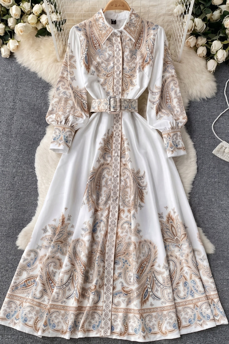 Elegant women's Sierra belted abaya maxi dress with beautiful paisley design. Perfect for modest Muslim fashion.