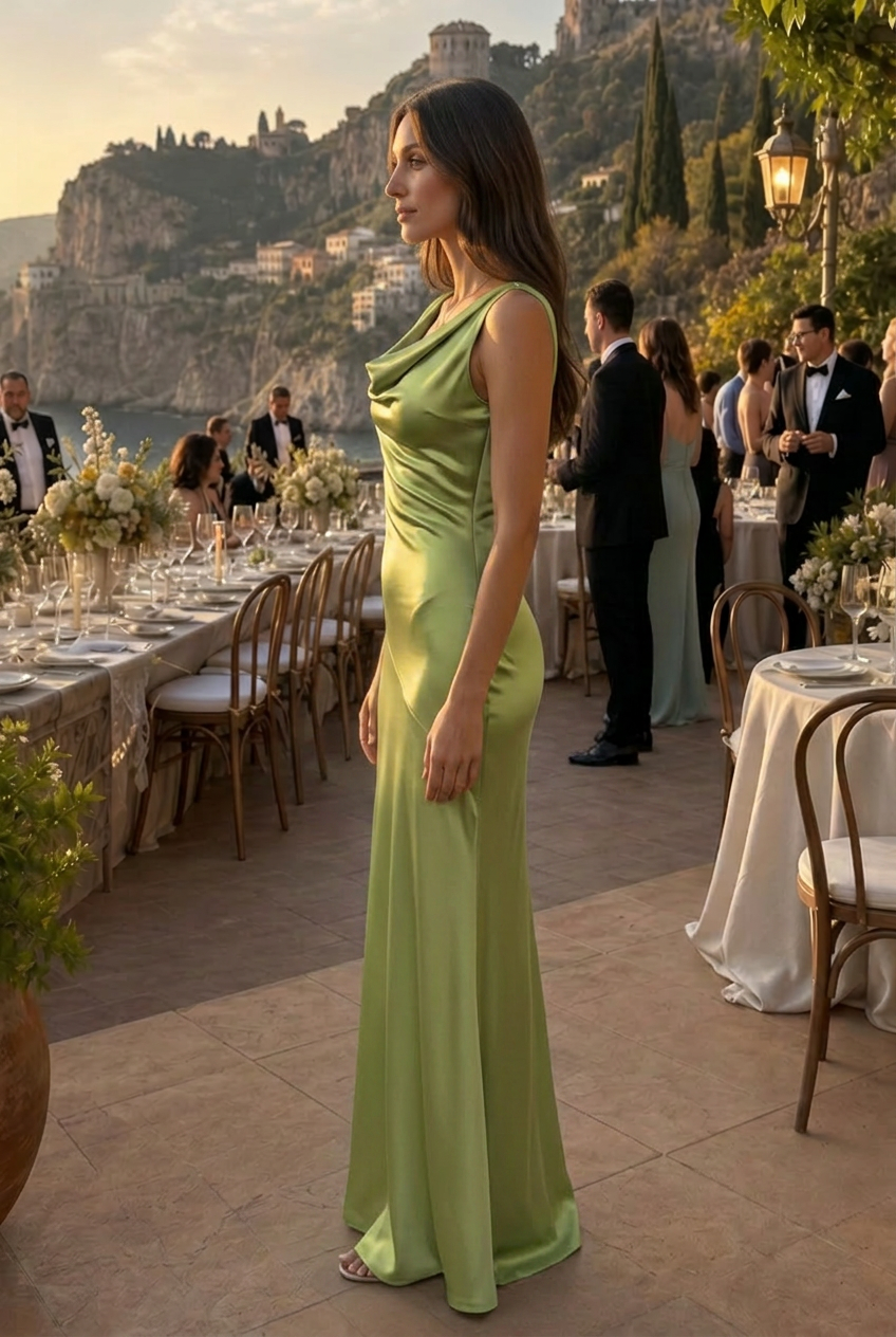 Luxurious women's sleeveless cowl neck fitted maxi dress, ideal for upscale parties & events.