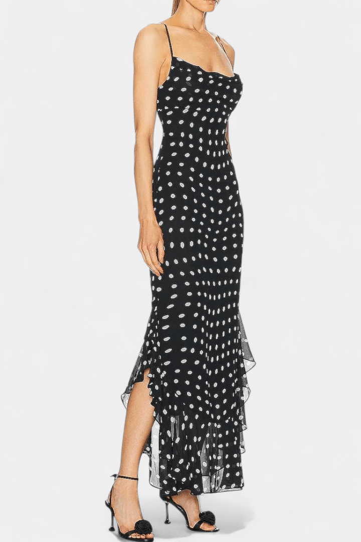 Versatile women's summer polka dot midi dress with adjustable straps for feminine, classic elegance.