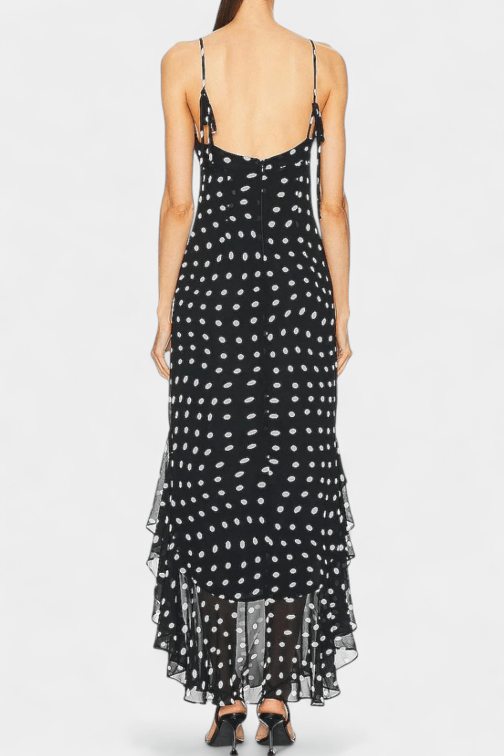 Elegant women's polka dot midi day dress with adjustable straps. Perfect for chic feminine summer style.